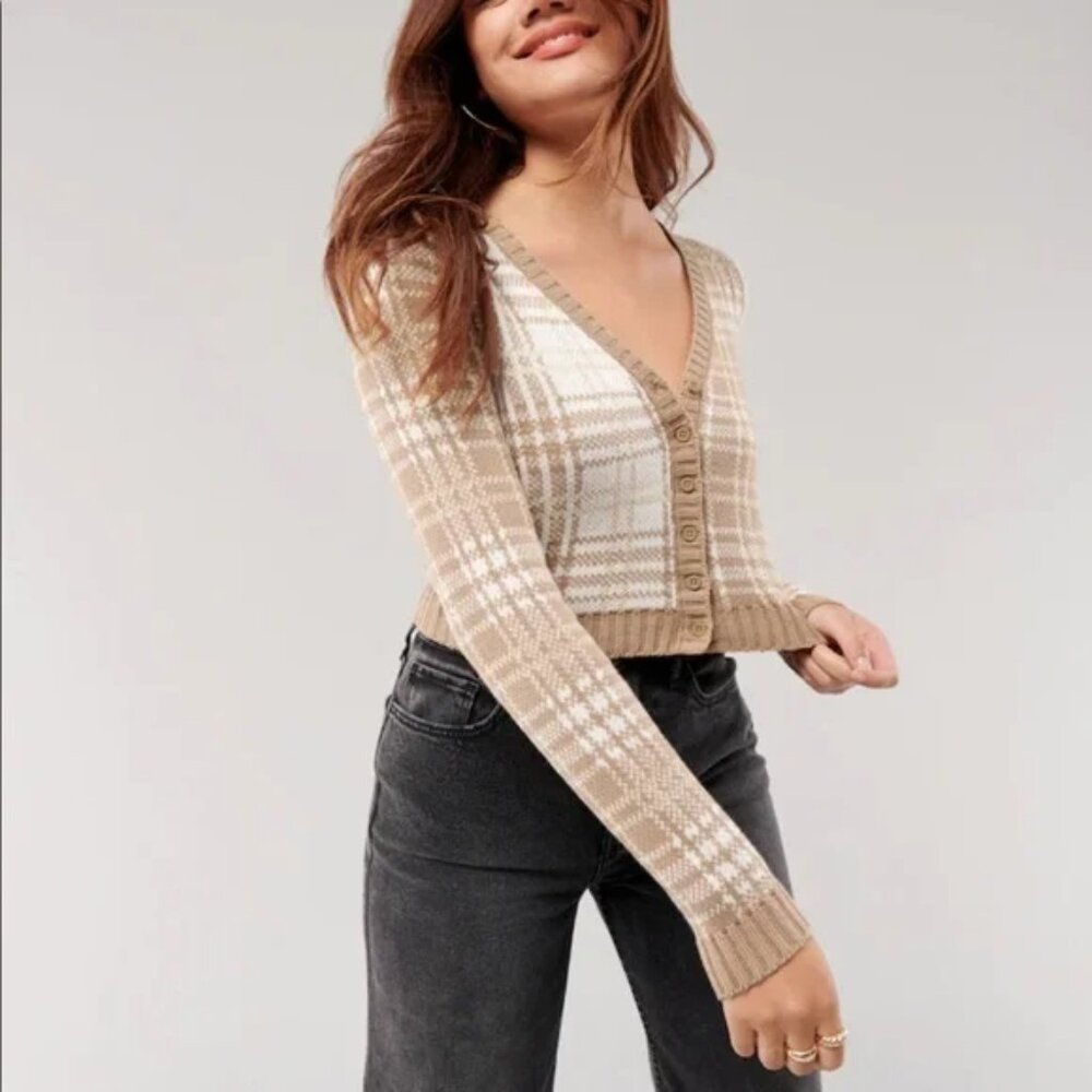 Hollister Cropped Cardigan Plaid Knit Sweater Tan White Size Small‎